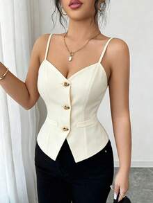Struktiv Women's Fashion New V-Neck Camisole With Water Drop Buttons, Versatile Commuter Style Tank Top - Beige - View 5