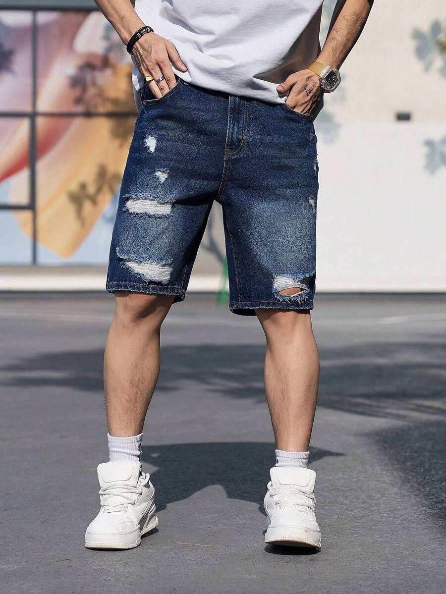 Manfinity Homme 男士破洞纯色牛仔短裤外出纯色深蓝色宽松牛仔短裤,适合丈夫、男朋友的礼物 - 藍色 - 查看 1