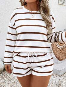 SHEIN LUNE Women's Autumn/Winter New Hot-Selling Striped Pattern Casual Versatile Plus Size 2 Pieces Set Fall - Multicolor - View 1