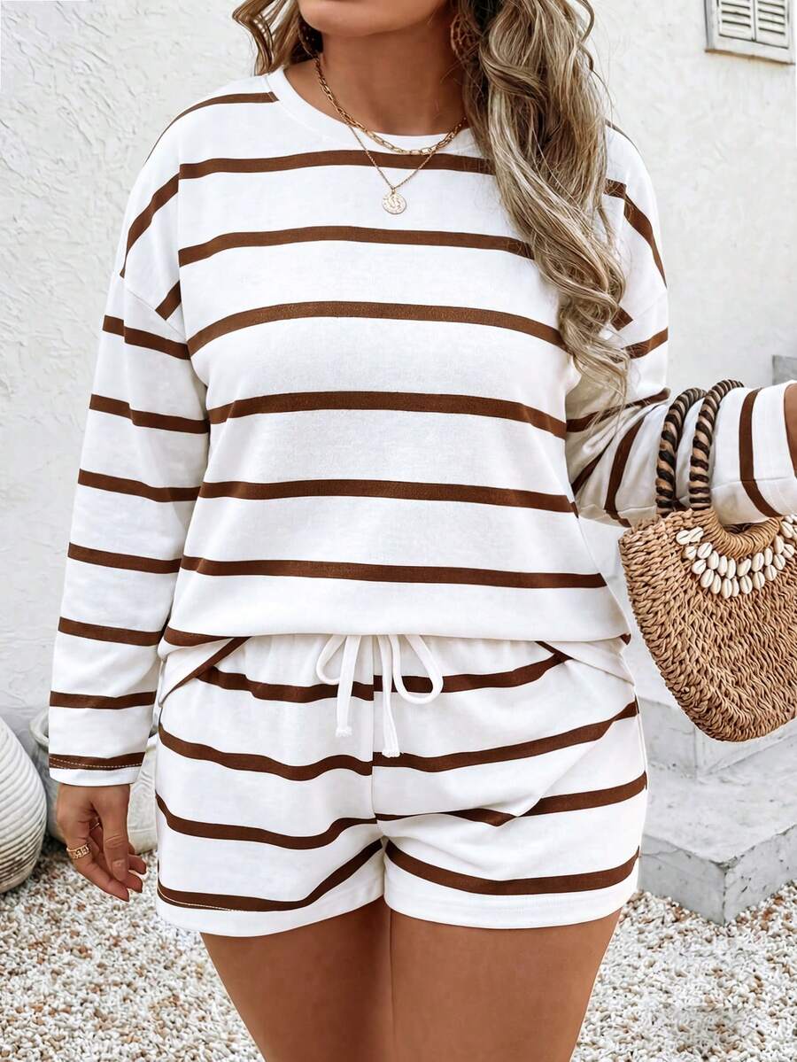 SHEIN LUNE Women's Autumn/Winter New Hot-Selling Striped Pattern Casual Versatile Plus Size 2 Pieces Set Fall - Multicolor - View 1