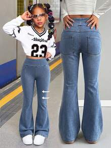 SHEIN Teen Girls Fashion Casual Washed Blue Denim Daily Sports Basic Stretch Slim Fit Yoga Flare Jeans, Pocket Design Soft And Comfortable, Suitable For Daily Wear And All Seasons - Light Wash - View 8