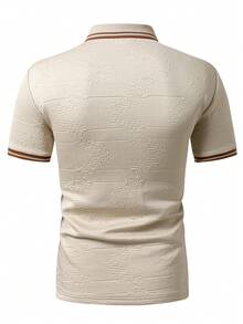 EGENSIO Men's Knitted Jacquard Solid Color Textured Collar & Cuffs Ribbed 2-Button Apricot Polo Shirt - Apricot - View 2