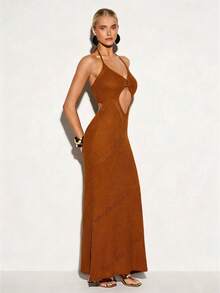 Femmeiva Women's Sexy Solid Color Knit Dress - Brown - View 5