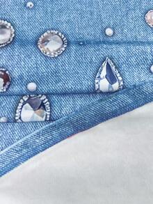 SHEIN Elenzya 春夏休閒度假法式風刺繡串珠3D印花圓領修身無袖短洋裝 優雅時尚白色洋裝 - 藍色 - 查看 6