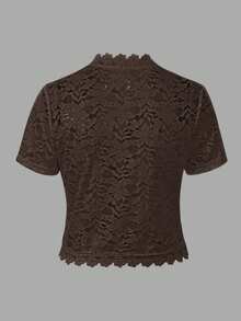 EMERY ROSE Ladies' Summer Solid Color Lace Patchwork Casual Open Front Jacket For Holiday Party Clothes - Coffee Brown - View 2