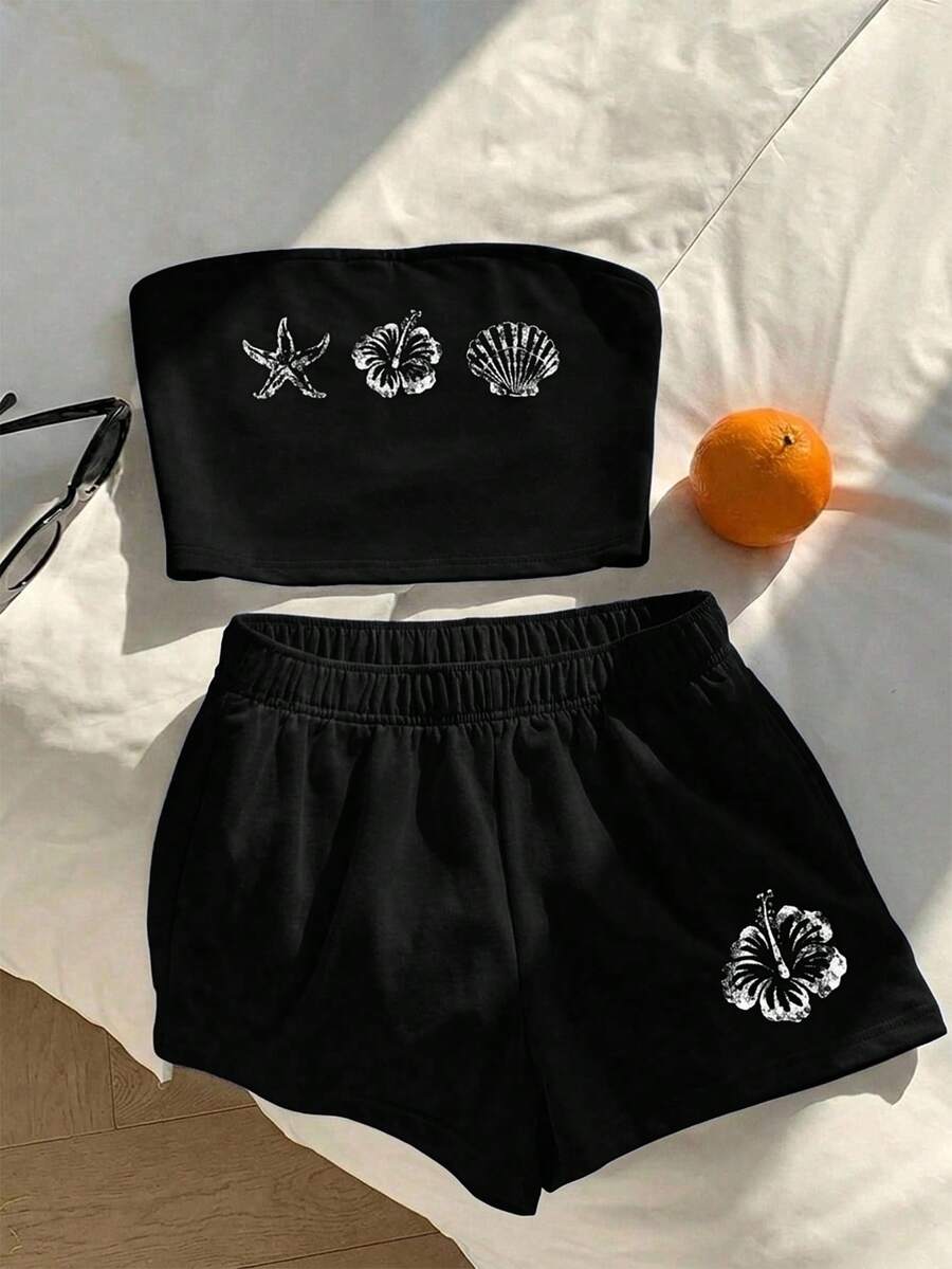 Comfortcana 休閒極簡優雅通勤百搭舒適女款通勤套裝,沙灘度假夏季穿搭,抹胸上衣與短褲兩件套 - 黑色 - 查看 1