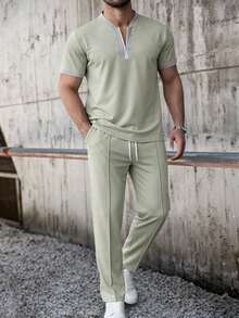 Manfinity CasualCool 男士拼色短袖 Polo 衫與抽繩腰長褲休閒日常穿搭套裝 - 綠色 - 查看 3