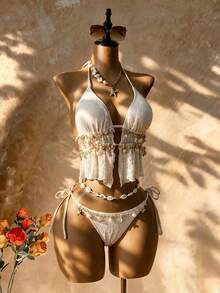 Femesol Women's White Textured Shell Knot Halter Tankini,Boho Summer Bikini Set,Fringe Bathing Suit,Suitable For Holiday,Beach Vacation,Pool Party,Western - Beige - View 4