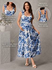 SHEIN Maternity Floral Print A-Line Dress With Wide Strap, Shirred Bust And Frill Trim Business Casual Elegant Outfit Daily Commute - Blue and White - View 7