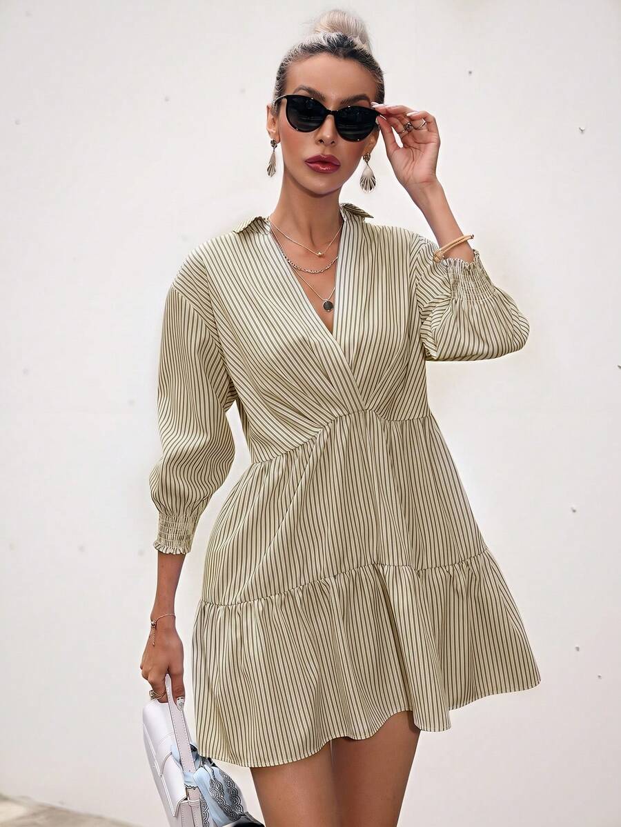 Frievida Striped Print Ruffle Hem Smock Dress Dresses For Women Elegant - Mustard Yellow - View 1