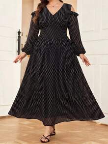 Modelyn Robe élégante à imprimé pois, col en V, épaules dénudées, manches longues, taille cintrée, coupe trapèze, coupe régulière, grande taille, pour le printemps et l'automne - Noir - Voir 7