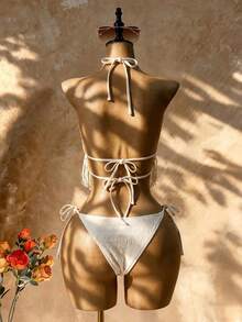 Femesol Women's White Textured Shell Knot Halter Tankini,Boho Summer Bikini Set,Fringe Bathing Suit,Suitable For Holiday,Beach Vacation,Pool Party,Western - Beige - View 3