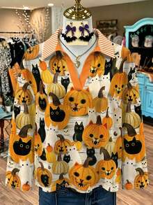 SHEIN LUNE Halloween Cute Pumpkin Cat Print Pattern Fashion Long Sleeve T-Shirt Fall - Multicolor - View 3