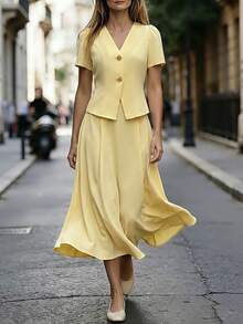 SHEIN Women's Elegant Metal Button Decor Short Sleeve Top And Casual Skirt 2-Piece Set - Yellow - View 1