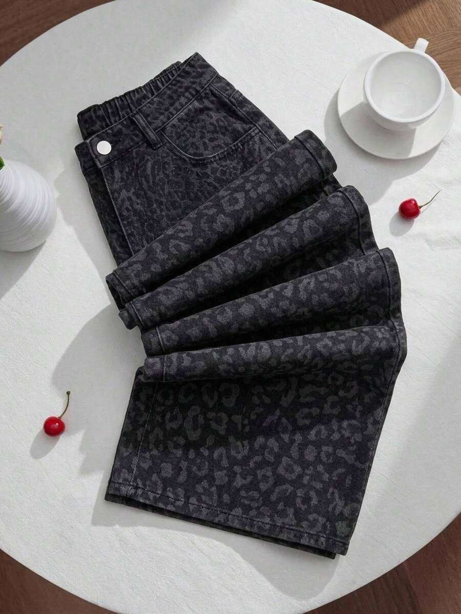 SHEIN Girls' Leopard Print Loose Wide Leg Denim Pants Vacation Festival Independence Day Leopard Print - Multicolor - View 1