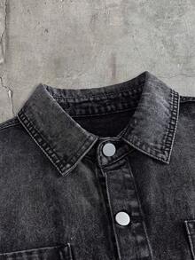 AXEPEAK Men's Gradient Color Turn-Down Collar Single-Breasted Double Pocket Short Sleeve Denim Shirt - Black - View 5