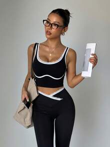 SHEIN Dewbera Conjunto deportivo de yoga sin costuras con bloques de color para mujer - Negro - Ver 5