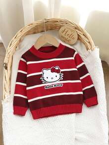 HELLO KITTY AND FRIENDS | SHEIN 女嬰針織開襟衫 3D毛巾刺繡圓領條紋套頭毛衣上衣，簡約可愛優雅長袖紅色上衣，適合外出、派對，秋冬穿著 - 彩色 - 查看 3