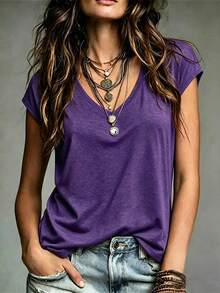 EMERY ROSE Camiseta casual versátil de unicolor con cuello en V para uso diario y salidas de mujer - Morado - Ver 1