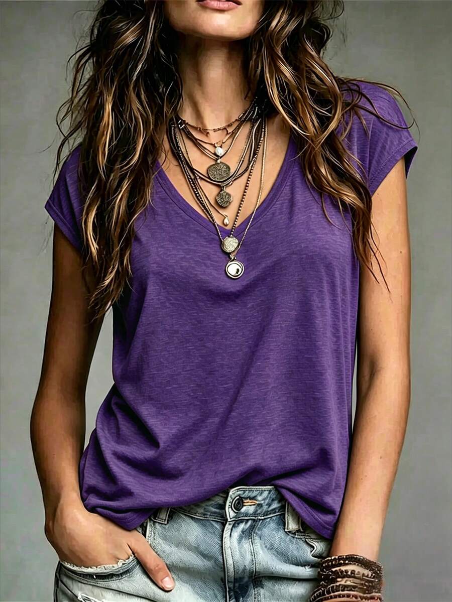 EMERY ROSE Camiseta casual versátil de unicolor con cuello en V para uso diario y salidas de mujer - Morado - Ver 1