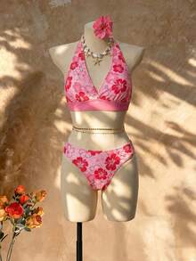 Femesol 26SS Orange Halter Neck Triangle Bikini Top With Matching Skirt 3 Pieces Set, Beach/Resort Wear Pink Vacation Summer - Pink - View 4