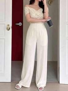 DAZY Women's Elegant Sequin Patchwork Off Shoulder Wide Leg Jumpsuit, Summer - Beige - View 12