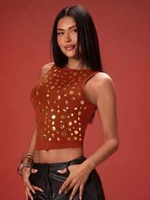 Denimoi Women's Summer Fashion Metal Decor Sleeveless Top - Rust Brown - View 5