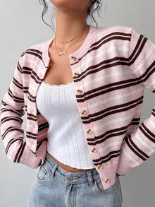 SHEIN BASICS 女款休閒條紋開襟衫，秋冬款 - 彩色 - 查看 3