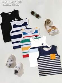 SHEIN 隨機 5 件頂級款 3 件頂級款 男嬰新款時尚舒適可愛卡通印花背心，條紋印花設計，春夏風格，適合日常穿著、返校、戶外活動 - 彩色 - 查看 2