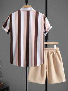 Manfinity Homme 男士條紋拼色襯衫短褲套裝 夏季套裝 白色 青少年男孩套裝 男裝夏季 - 彩色 - 查看 2