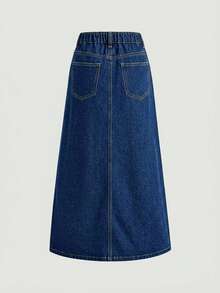 SHEIN Girlism Tween Girls Deep Blue Denim Asymmetrical Waist Loose Skirt Casual Fashion Creative Personalized Halloween Winter - Blue - View 5
