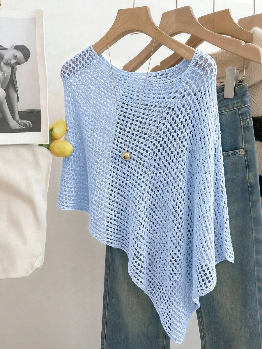 SHEIN Holidaya Women's Solid Color Hollow Out Casual Versatile Daily Wear Knit Top - Baby Blue - View 1