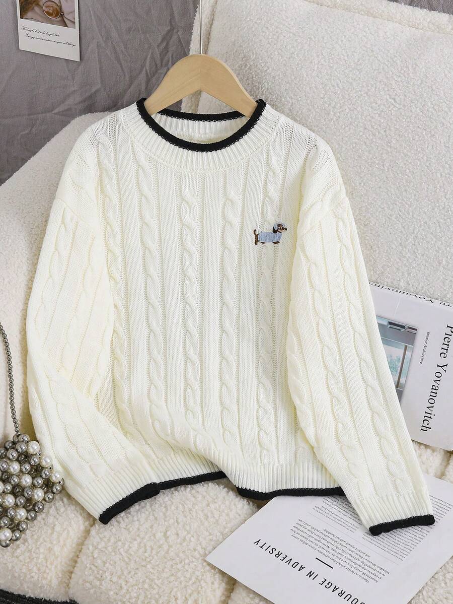 SHEIN 青少年女孩條紋拼色粗針編織V領燈籠袖寬鬆套頭毛衣，適合秋冬與戶外穿著 - 白色 - 查看 1