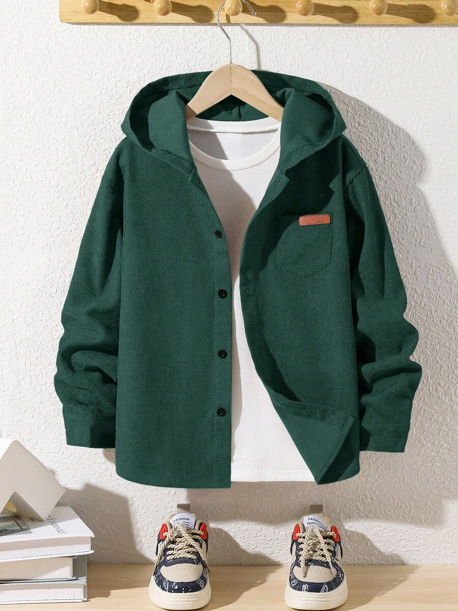 SHEIN Tween Boys' Casual Corduroy Patch Hooded Loose Woven Shirt - Dark Green - View 1