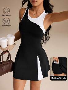 Courtclass Women's Sleeveless Tennis & Golf Athletic Dress - Color-Block Style With Built-In Shorts And Functional Pockets - Black and White - View 3