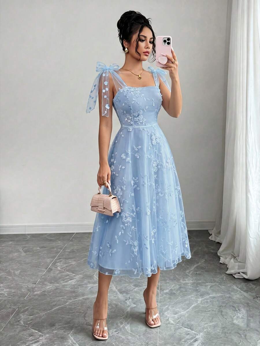 SHEIN Raffinéa 女款優雅蕾絲蝴蝶結洋裝,正式晚禮服 - 藍色 - 查看 1