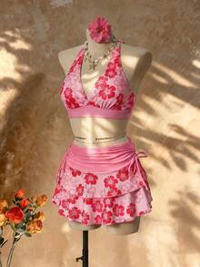 Femesol 26SS Orange Halter Neck Triangle Bikini Top With Matching Skirt 3 Pieces Set, Beach/Resort Wear Pink Vacation Summer - Pink - View 6