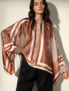 Frievida Women's Commuter Elegant Vintage Color Block Positioned Print Square Scarf Sleeve & Hem Design Long Sleeve Loose Vacation Style Shirt - Multicolor - View 5
