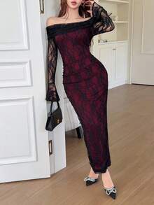 Feyla 女款夏季優雅對比蕾絲露肩開衩長洋裝 - 彩色 - 查看 8