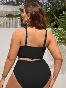 Swim Lushoire Plus Size Solid Color Vacation Beach Swimsuit Set - Black - View 2
