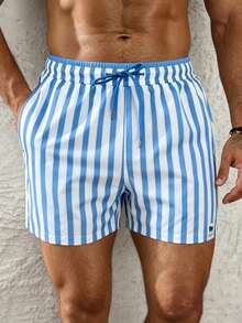 Manfinity KASUA Men's Color Block Striped Drawstring Waist Fashion Beach Shorts, Holiday - Baby Blue - View 1