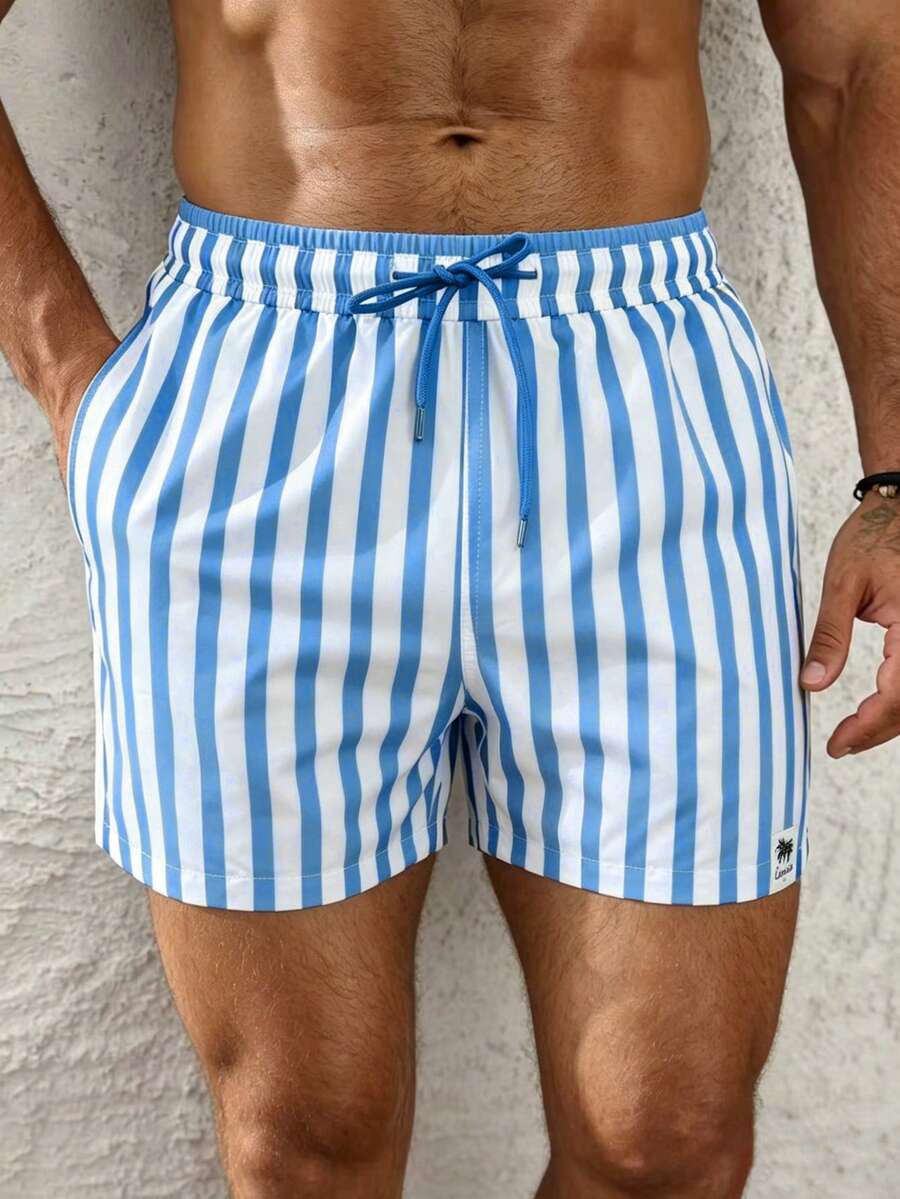 Manfinity KASUA Men's Color Block Striped Drawstring Waist Fashion Beach Shorts, Holiday - Baby Blue - View 1