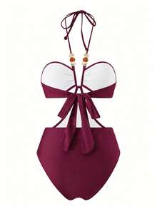 Swim SXY Traje de baño de una pieza con corte alto, sin tirantes, sin espalda, con lazo y decoración de cuentas, para playa y vacaciones, de unicolor para primavera/verano - Burdeos - Ver 2
