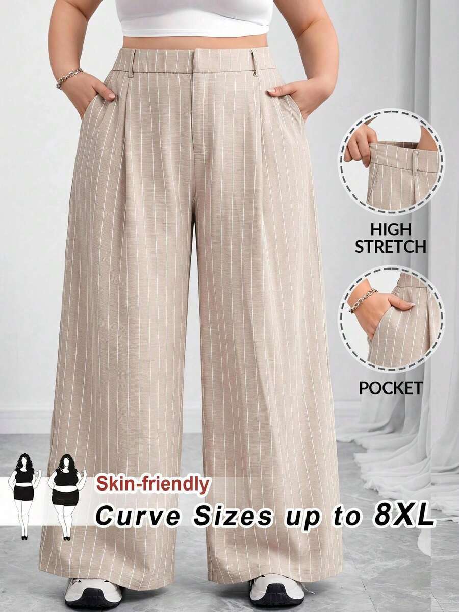 SHEIN CURVE+ 大尺碼休閒優雅條紋長褲,適合辦公正式場合、晚宴、日常、派對,2026秋冬 22W - 杏色 - 查看 1