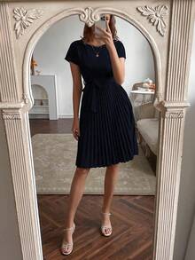 EMERY ROSE Pleated Hem Self Belted Dress - Navy Blue - View 6