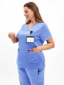 TaskEZ 大码女式夏季蓝色护士制服慢跑服微弹力上衣多口袋护士美容师工作服刷牙女式刷牙 Niahinn Scrub 女式护士刷牙制服上衣工作短袖 V 领 2 口袋设计黑色上衣 - 藍色 - 查看 5