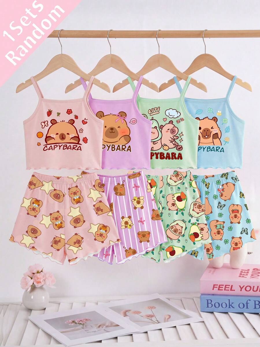 [Randomly Sent 1 Set]Tween Girls Pajamas Summer New Fashion Cute Cartoon Groundhog Print Knit Ruffle Trim Camisole Top With All-Over Print Shorts 2pcs Set 1Sets (Randomly Sent) - Multicolor - View 1