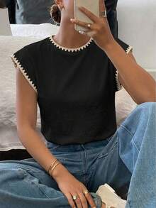 Siren Gaze 女款 95% 棉 T 恤 2 件組（黑與白），波浪邊飾，短袖，休閒夏季工作服 - 彩色 - 查看 7