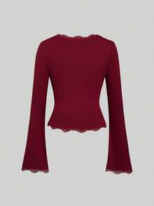 Sweetra Fashion Square Neck Contrast Lace Flared Long Sleeve Elastic Knit Top T-Shirt Fall - Multicolor - View 7