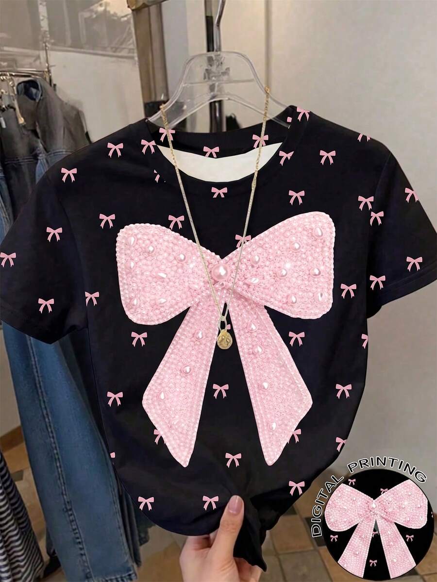 1件女嬰圓領短袖上衣,休閒可愛蝴蝶結印花T恤,經典簡約風格,時尚百搭,適合春夏秋冬四季,旅行、度假、外出穿著,黑色T恤 - 彩色 - 查看 1
